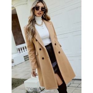 Double Breasted Lapel Collar Overcoat peacoat pea coat preppy tan camel